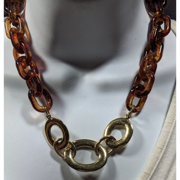 90s Style Tortoise And Gold Tone Chunky Link Necklace - Picture 4 of 6